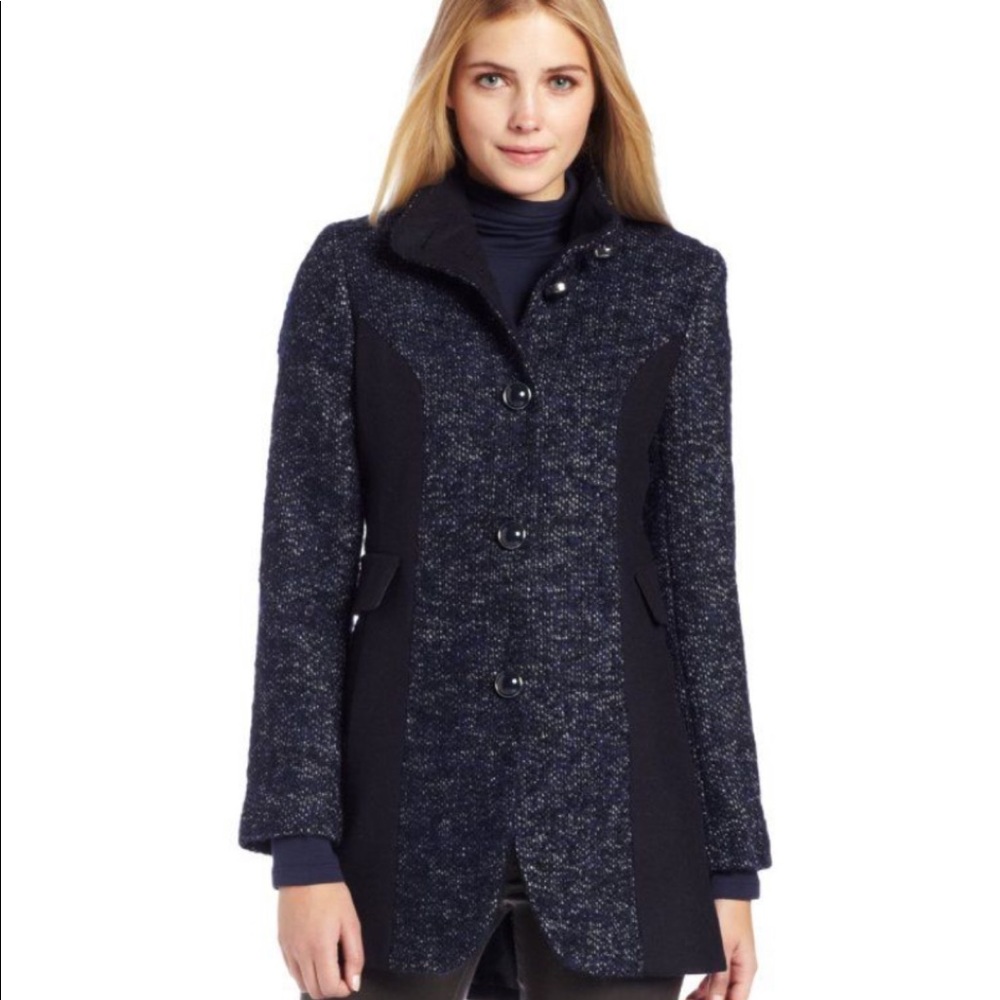 Kensie Women’s Navy Blue Tweed Wool Coat - Picture 1 of 4
